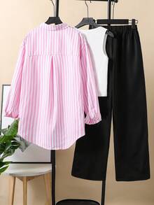 Sparklyn 3 件套青少年女孩休闲装，条纹宽松长袖衬衫 + 白色针织背心 + 黑色阔腿裤，适合日常穿着和度假 - 粉色 - 查看 2