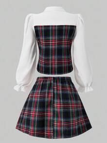 SHEIN Sparklyn Tween Girls Plaid Collared Puff Sleeve Cardigan Top With Elastic Waist Pleated Skirt, Academic Style For Spring & Autumn Fall Winter