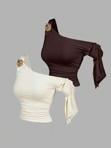 SHEIN MOD 2件不对称蝴蝶金属3D花朵装饰女式衬衫 - 彩色 - 查看 11