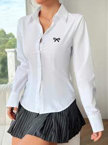 SHEIN EZwear 休闲简约黑色蝴蝶结Logo图案收腰长袖衬衫，适合秋冬季节，复古/学院风时尚女式衬衫 - 彩色 - 查看 4