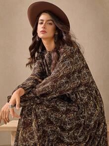 Wildy Romantic Bohemian Print Loose Midi Dress, New Arrival For Autumn Vacation Fall Dresses For Women Plus Size Paisley Dress Plus Size Winter Dresses Earthy Plus Size Plus Size Boho Dress