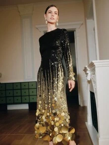 Anewsta 女士优雅圣诞节和万圣节服装，时尚经典优雅亮片渐变奢华金色亮片高端迷人晚礼服