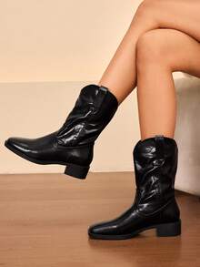 Daringsoles 新款复古方头中跟短靴，百搭弹性后拉链踝靴，女士款，秋/春季 - 黑色 - 查看 9