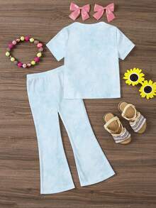 女童数码扎染休闲时尚创意卡通可爱蓝色兔子花朵造型情书标语图案印花休闲风基础款圆领短袖加大码蓝色扎染数码印花喇叭裤两件套 - 彩色 - 查看 4