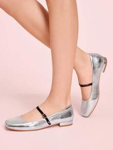 CUCCOO DOLLMOD Giày Mary Jane đế bằng màu đỏ, mũi vuông, họa tiết kẻ caro, phong cách sinh viên, gót thấp dễ thương kiểu Nhật Bản - Bạc - Xem 4