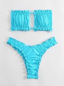 Swim Basics Summer Beach Frill Trim Bandeau Bikini Set - Blue - View 3