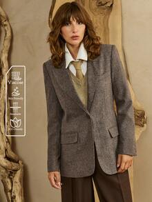 Revavyn 女士棉混纺纯色斜纹 V 领西装外套，长袖修身办公室/工作服，春秋季 - 棕色 - 查看 2