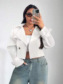SHEIN EZwear Áo khoác trench coat cổ bẻ màu trắng cỡ lớn - trắng - Xem 3