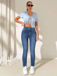 EURMUSE Quần jean denim cạp cao ôm gấu gấp - Rửa trung bình - Xem 6