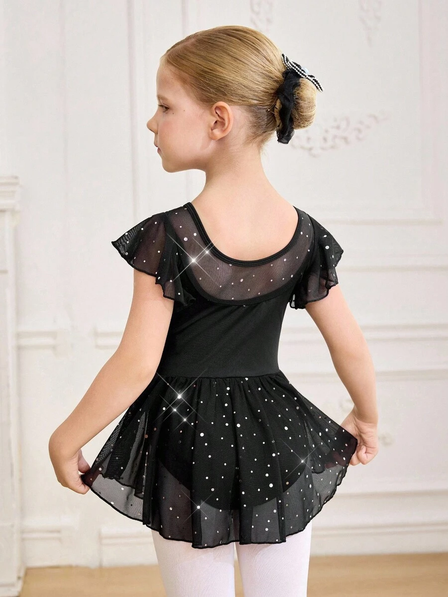 SHEIN 女童无袖紧身连衣裤，带荷叶边腰带蝴蝶结，校园比赛芭蕾舞裙，儿童可爱亮片网眼芭蕾舞裙，舞蹈连体衣 - 黑色 - 查看 1