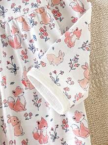 新生儿柔软舒适薄款连体衣，男婴/女婴可爱兔子、狐狸、花卉全身印花、正面蝴蝶结装饰、长袖连脚连体衣（带帽子），2 件套，婴儿爬行服和家居服 - 粉色 - 查看 4