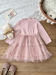 SHEIN Korean Style 2 In 1 Plaid Dress, Sweet Princess Baby Girl Outfit, Spring/Autumn Fall Winter - Dusty Pink - View 6