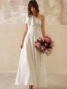 INAWLY Váy chấm bi dài vừa phải cho nữ, vai lệch, ôm sát, gợi cảm và thanh lịch - Màu be - Xem 1