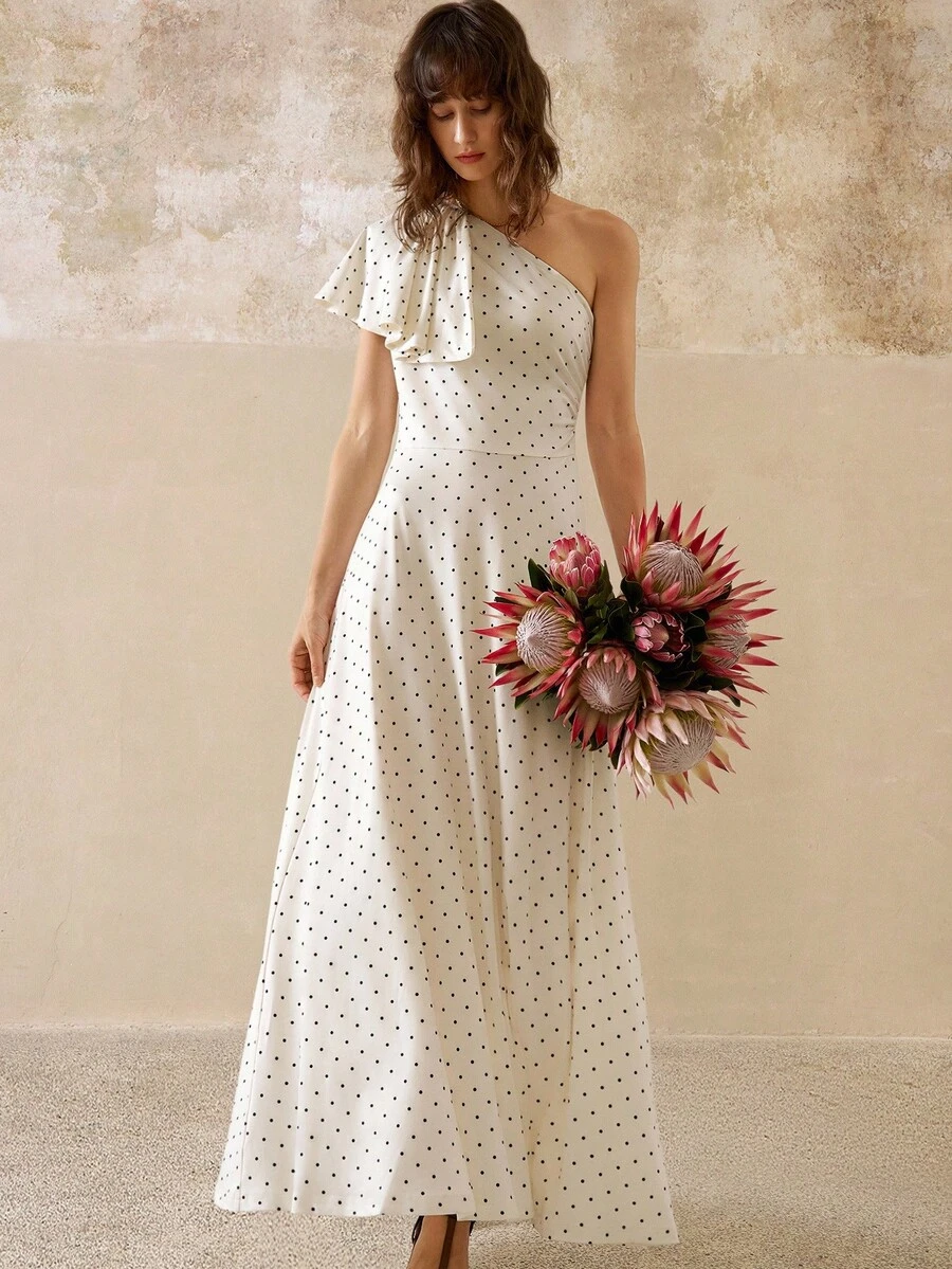 INAWLY Váy chấm bi dài vừa phải cho nữ, vai lệch, ôm sát, gợi cảm và thanh lịch - Màu be - Xem 1