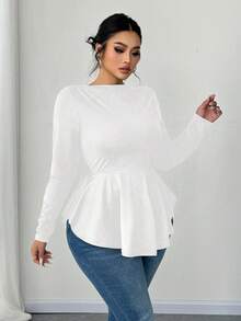 Elenzga 大码女式露肩长袖收腰A字T恤，白色休闲上衣 - 白色 - 查看 3