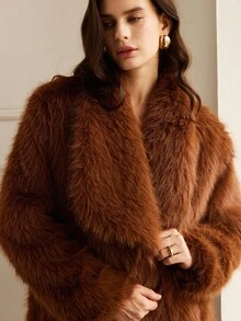 Aveloria Rosie Luxurious & Elegant Light Brown Lapel Mid-Length Faux Fur Coat, Exuding Sophisticated & Casual Vibe, Suitable For Formal Events And Casual Outings