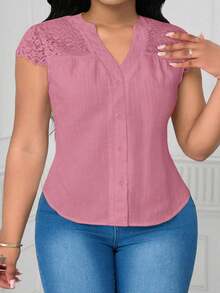 SHEIN Clasi Áo cánh vải họa tiết ren tương phản cổ chữ V cỡ lớn - Hồng - Xem 7