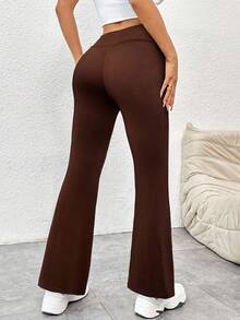 SHEIN PETITE 2024新款夏季简约纯色裹身高腰喇叭裤 - 棕色 - 查看 2