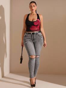 SHEIN BAE Plus Size Distressed Black Skinny Stretch Denim Jeans, Fall Women Clothes - Black - View 4