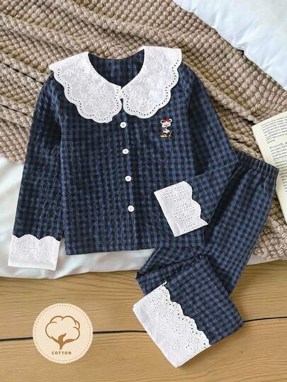 女童花卉刺绣领上衣，荷叶边袖口和直筒休闲裤，舒适的田园风格家居服套装