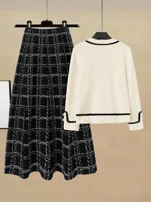 Franclia 女士优雅法式针织开衫和格子 A 字中长裙 2 件套，休闲商务装，带蝴蝶结装饰针织夹克和裙套装粗花呢两件套 2 件套裙套装女士女式裙套装协调套装女士粗花呢裙套装 - 彩色 - 查看 2