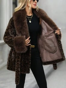 EMERY ROSE Women's Leopard Print Lapel Long Sleeve Faux Fur Fashion Jacket Women's Winter Clothes Women's Winter Coat Winter Coats For Women Women's Winter Jacket - Coffee Brown - View 3