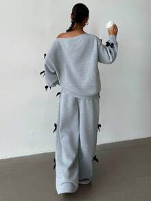 SHEIN 青少年女孩休闲日常时尚斜肩侧蝴蝶结直筒裤套装 - 灰色 - 查看 5