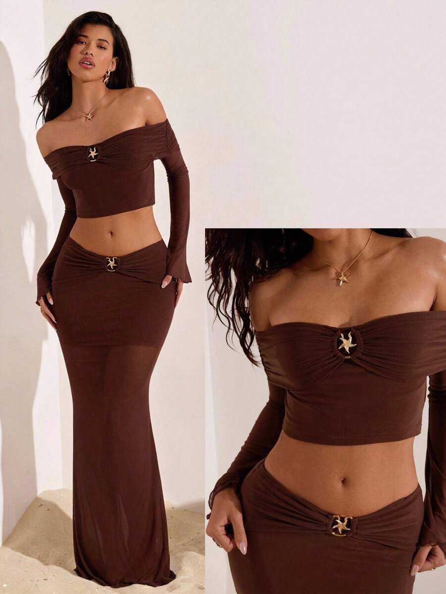 Opulessa Women's Solid Color Pleated Off Shoulder Flare Sleeve Cropped Top And Fitted Midi Skirt 2-Piece Set, Brown Two Pieces Set Women, 2 Pieces Long Skirt Set Mesh Two Pieces Set Brown Mesh Two Pieces Set Two Pieces Maxi Skirt Set