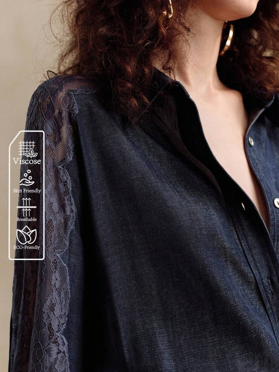 EMERY ROSE 女士粘胶纤维面料长袖蕾丝镂空刺绣设计内衣，日常休闲通勤蓝色衬衫，适合秋季女士商务休闲、办公室女性工作场合穿着，纽扣衬衫，女士工作装 - 藍色 - 查看 1