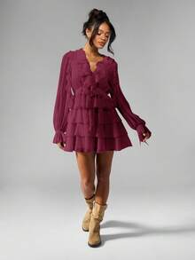 MISSGUIDED Chiffon Ruffle Mini Dress Balloon Long Sleeve V Neck Tiered Flowy Party Fall Winter Holiday Spring Wedding Guest Statement Dress - Burgundy - View 3