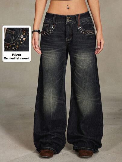 PETITE Jeans acampanados de talle bajo y diseño de remaches vintage desgastados para mujer, talla pequeña