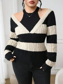Modelyn 大码女式条纹扭纹长袖毛衣，秋冬时尚 - 彩色 - 查看 4