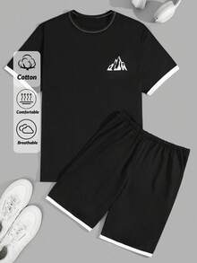 RueChic Men Cottonline Contrast Striped Regular Short Sleeve Homewear Set - Black - View 1