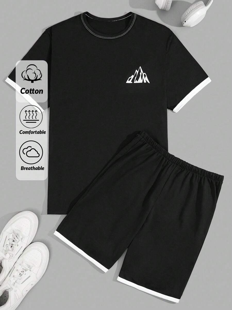 RueChic Men Cottonline Contrast Striped Regular Short Sleeve Homewear Set - Black - View 1