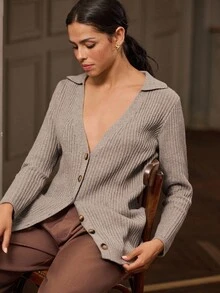 lacRébo Cosy Oversized V Neck Rib Knit Cardigan With Button Front Office Outfits Fall Women Clothes Autumn Winter