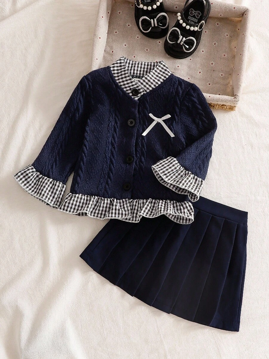 SHEIN 2件套女婴2025春秋长袖格子拼布上衣+黑色裙子套装