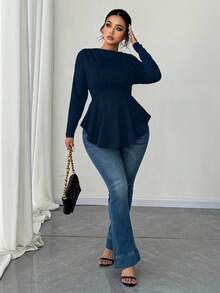 Elenzga 大码女式春秋季露肩长袖收腰A字休闲舒适简约蓝绿色T恤上衣，女士休闲衬衫 - 藏蓝色 - 查看 5