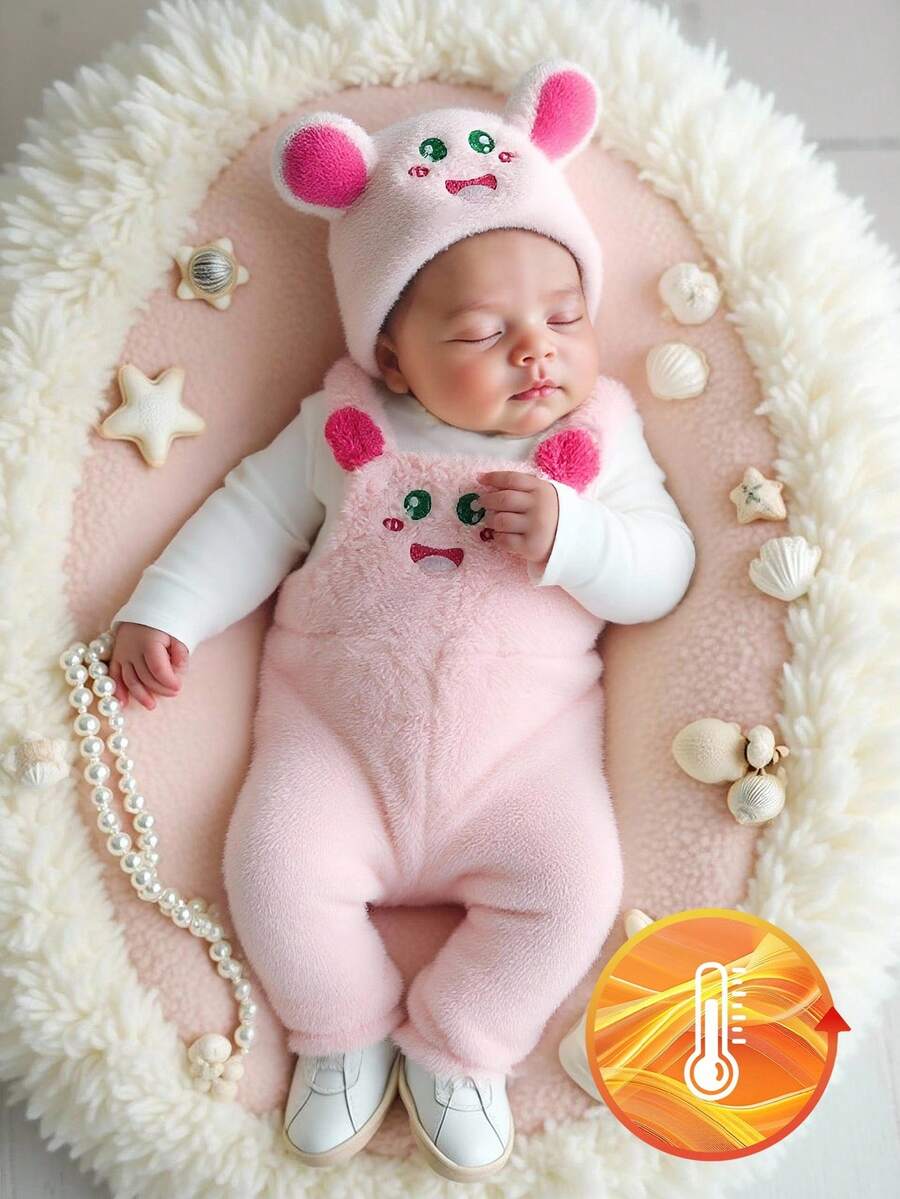 SHEIN 2pcs Baby Girls Casual Cute Round Neck Long Sleeve T-Shirt And Bib Overalls With Embroidery Plush Pants Set, Autumn/Winter - Multicolor - View 1