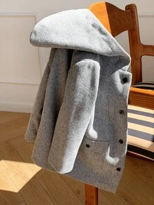 SHEIN 年轻男孩灰色保暖内衬休闲舒适百搭纯色加厚连帽夹克，适合冬季，学院风，英伦绅士复古 - 灰色 - 查看 5