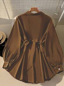 GlowEve CURVE 女士金属装饰长灯笼袖衬衫，优雅时尚 - 咖啡棕 - 查看 2