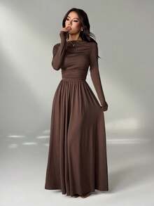 SHEIN PETITE 女式纯色修身长袖连衣裙，韩版风格 - 棕色 - 查看 9