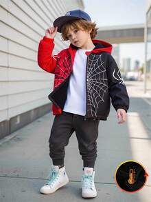 SHEIN Fantacosmos 1pc Young Boy Casual Spider Print Thermal Lined Zip-Up Jacket, Suitable For Daily Wear, Travel, Relaxation, School, Autumn/Winter New Arrival Fall - Multicolor - View 1