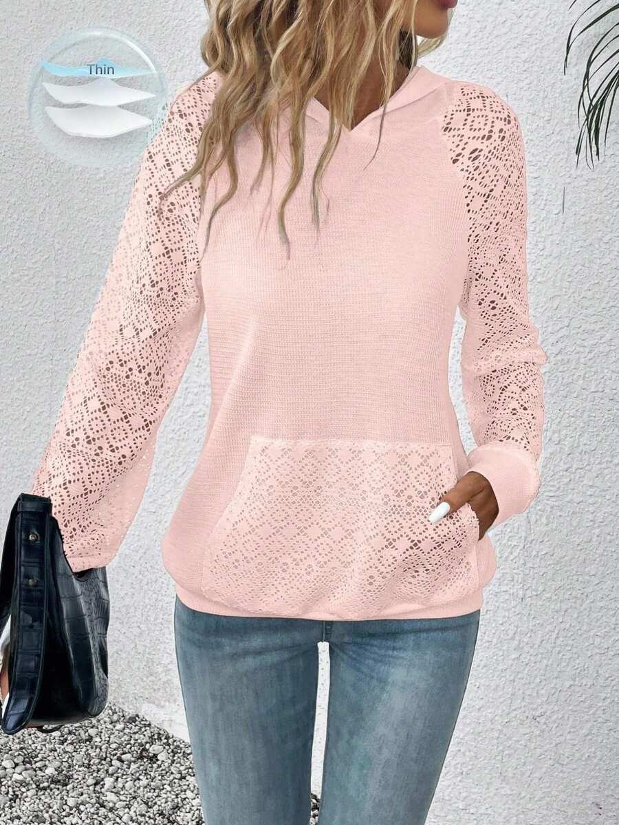 EMERY ROSE Hollow Out Hooded Long Sleeve Sweatshirt - Baby Pink - View 1