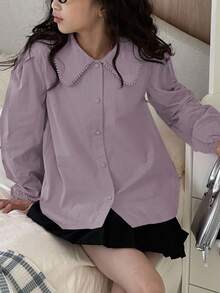 Dazy Kids Tween Girls Solid Color Collared Shirt Long Sleeve Tops - Purple - View 3
