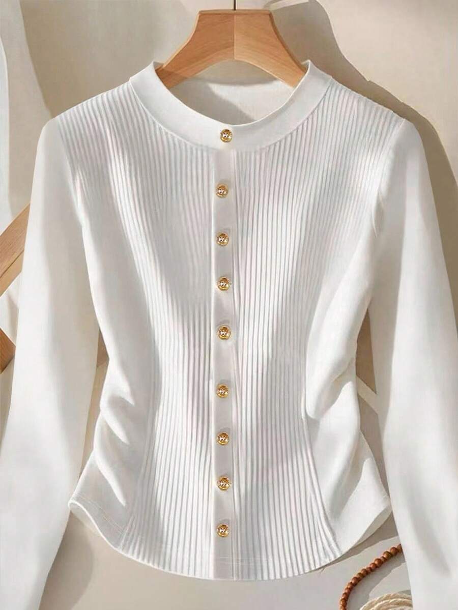 GlowEve Women's Casual Everyday Simple Solid Color Ribbed Gold Button Cardigan T-Shirt, Spring/Autumn Fall Cloth For Women - White - View 1