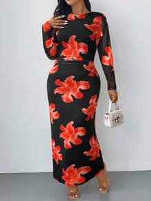 Firerie Vestido de malla de manga larga con volantes y estampado floral elegante y romántico, adecuado para principios de otoño, talla grande - Rojo - Ver 1