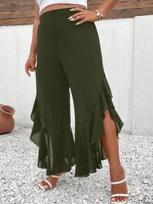 Elenzga Plus Size Ruffle Hem Chiffon Wide Leg Pants - Army Green - View 1