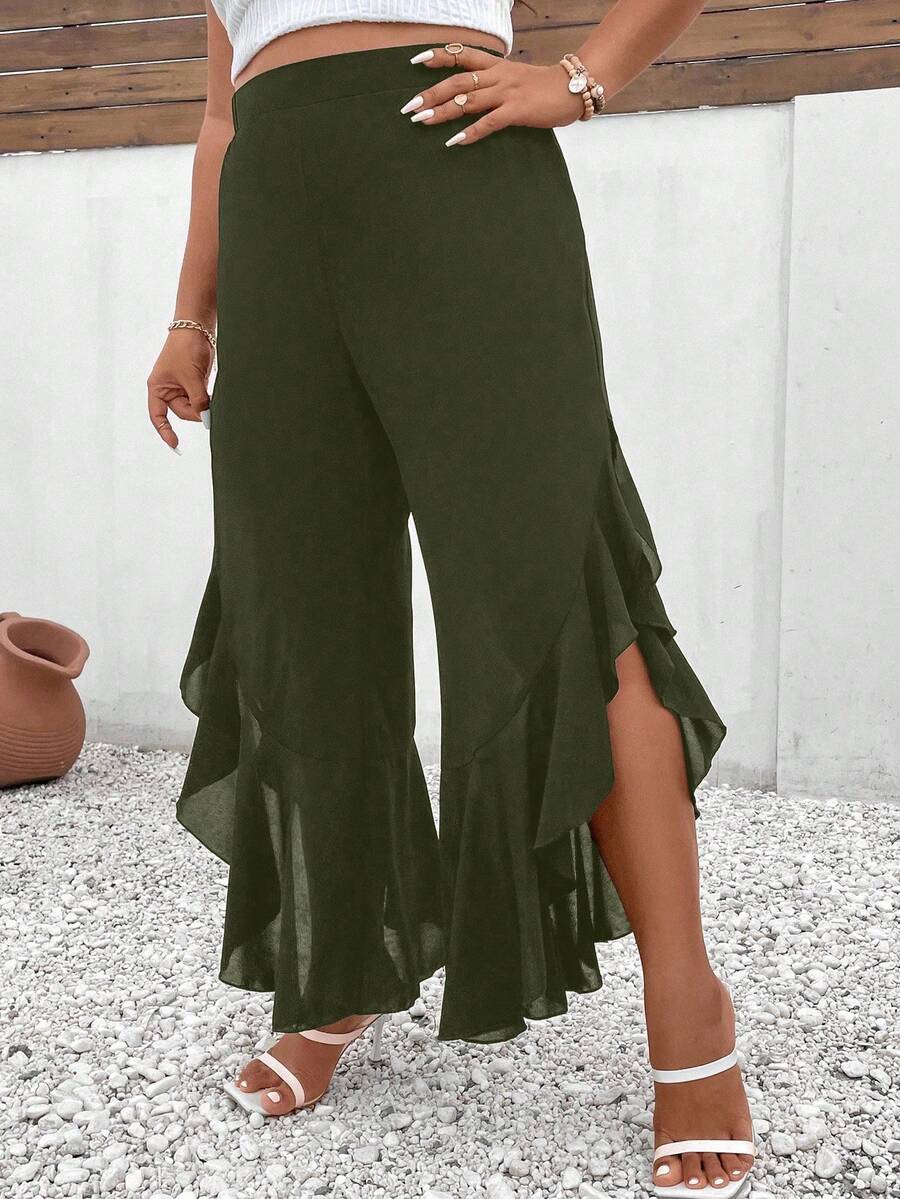 Elenzga Plus Size Ruffle Hem Chiffon Wide Leg Pants - Army Green - View 1