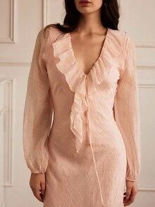 GENKIRA 长袖连衣裙，深V领荷叶边设计，简约剪裁，灯笼袖设计，优雅大方 - 藕粉色 - 查看 1