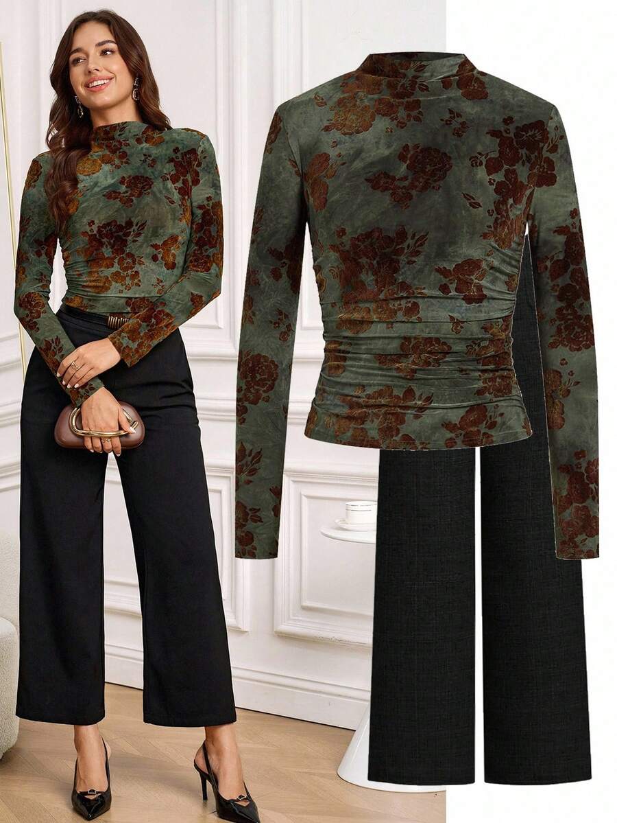 Ellevyn Camiseta de manga larga con cuello de embudo, hombros acolchados y tejido jacquard elegante - Multicolor - Ver 1